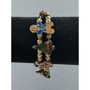 Avon Christmas Tree Bells Holly Flower Green Enamel White Gold ton 7.5" Bracelet